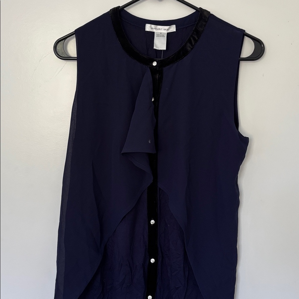 August Silk Navy Top with Black Velvet Trim Business Casual